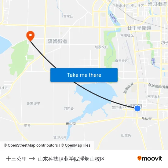 十三公里 to 山东科技职业学院浮烟山校区 map