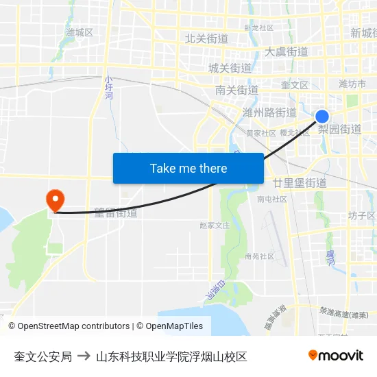 奎文公安局 to 山东科技职业学院浮烟山校区 map