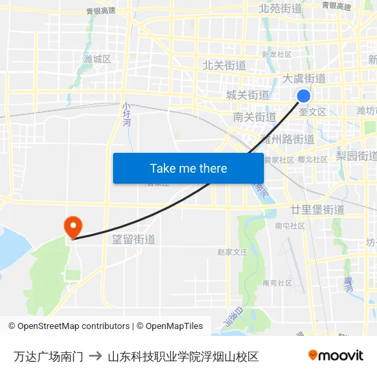 万达广场南门 to 山东科技职业学院浮烟山校区 map