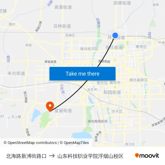 北海路新溥街路口 to 山东科技职业学院浮烟山校区 map
