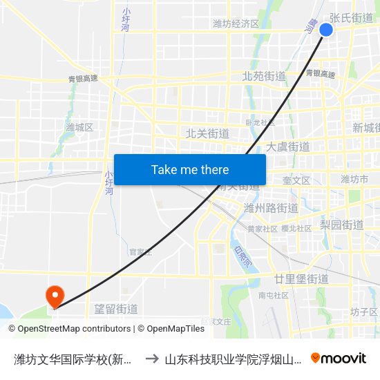 潍坊文华国际学校(新校区) to 山东科技职业学院浮烟山校区 map