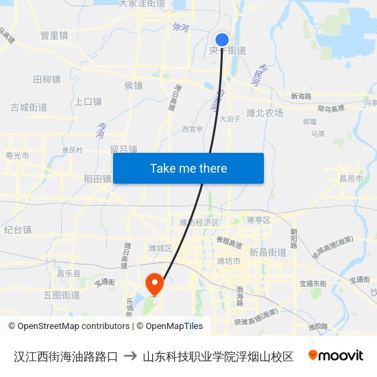 汉江西街海油路路口 to 山东科技职业学院浮烟山校区 map