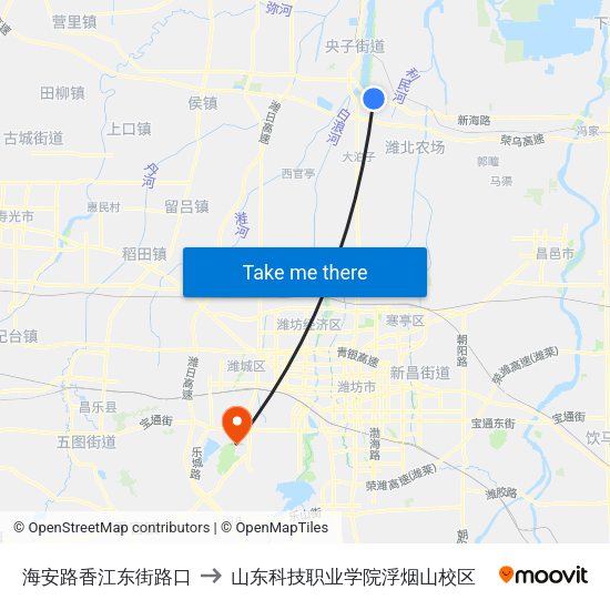 海安路香江东街路口 to 山东科技职业学院浮烟山校区 map
