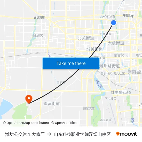 潍坊公交汽车大修厂 to 山东科技职业学院浮烟山校区 map