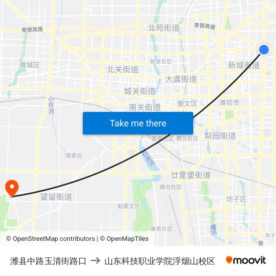 潍县中路玉清街路口 to 山东科技职业学院浮烟山校区 map