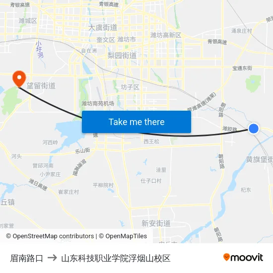眉南路口 to 山东科技职业学院浮烟山校区 map