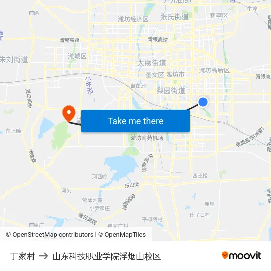 丁家村 to 山东科技职业学院浮烟山校区 map