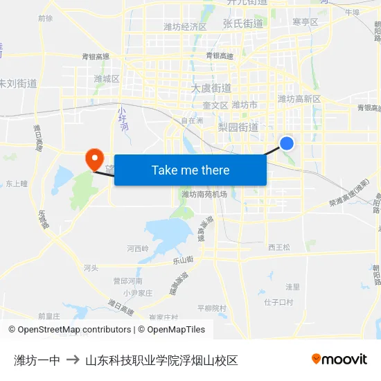 潍坊一中 to 山东科技职业学院浮烟山校区 map
