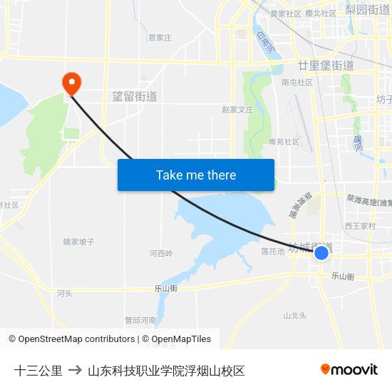 十三公里 to 山东科技职业学院浮烟山校区 map