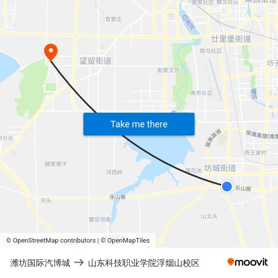 潍坊国际汽博城 to 山东科技职业学院浮烟山校区 map