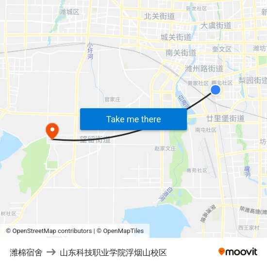潍棉宿舍 to 山东科技职业学院浮烟山校区 map