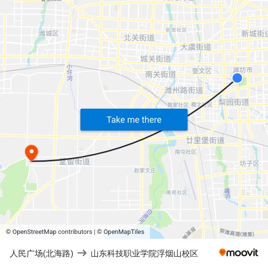 人民广场(北海路) to 山东科技职业学院浮烟山校区 map
