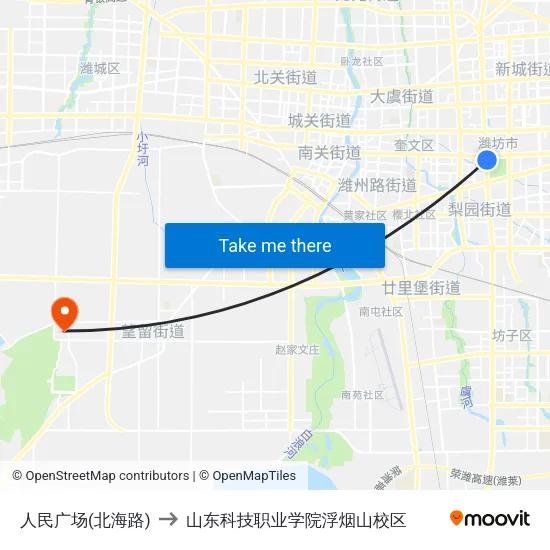 人民广场(北海路) to 山东科技职业学院浮烟山校区 map