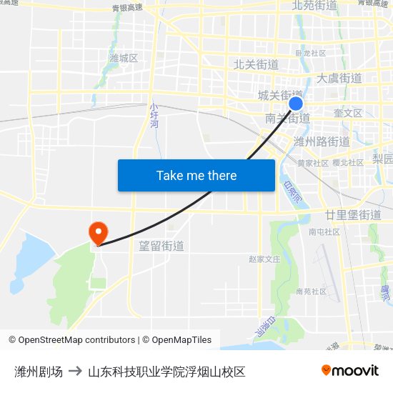 潍州剧场 to 山东科技职业学院浮烟山校区 map