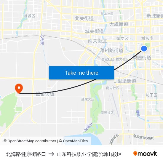 北海路健康街路口 to 山东科技职业学院浮烟山校区 map