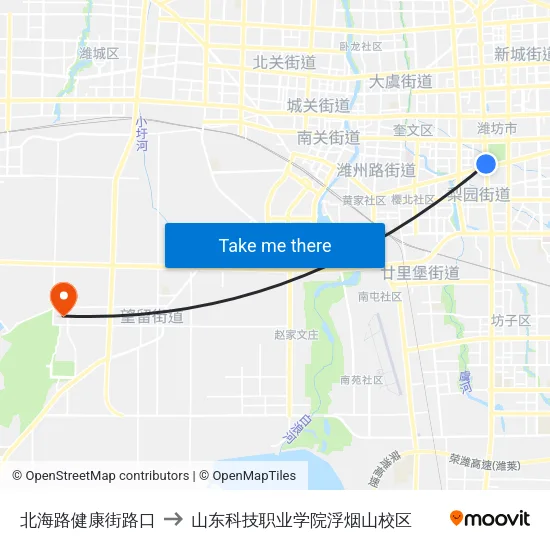 北海路健康街路口 to 山东科技职业学院浮烟山校区 map