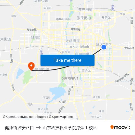 健康街潍安路口 to 山东科技职业学院浮烟山校区 map