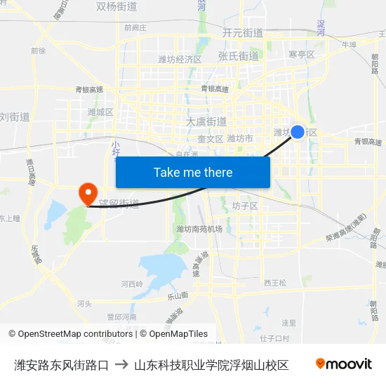 潍安路东风街路口 to 山东科技职业学院浮烟山校区 map