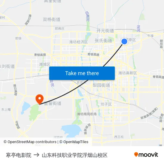 寒亭电影院 to 山东科技职业学院浮烟山校区 map