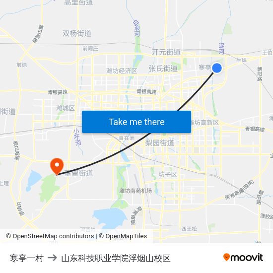 寒亭一村 to 山东科技职业学院浮烟山校区 map