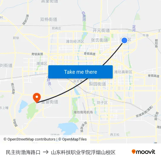 民主街渤海路口 to 山东科技职业学院浮烟山校区 map