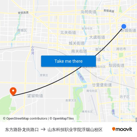 东方路卧龙街路口 to 山东科技职业学院浮烟山校区 map