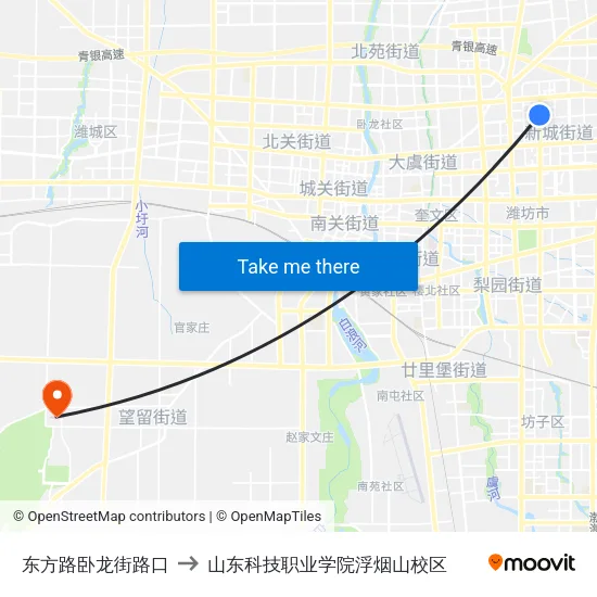 东方路卧龙街路口 to 山东科技职业学院浮烟山校区 map