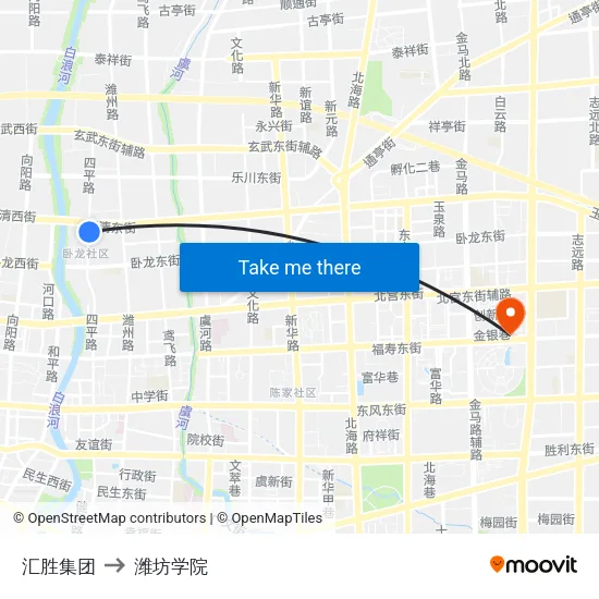汇胜集团 to 潍坊学院 map