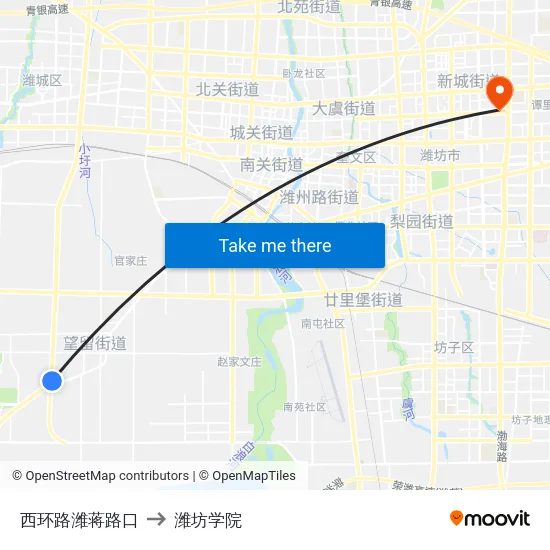 西环路潍蒋路口 to 潍坊学院 map