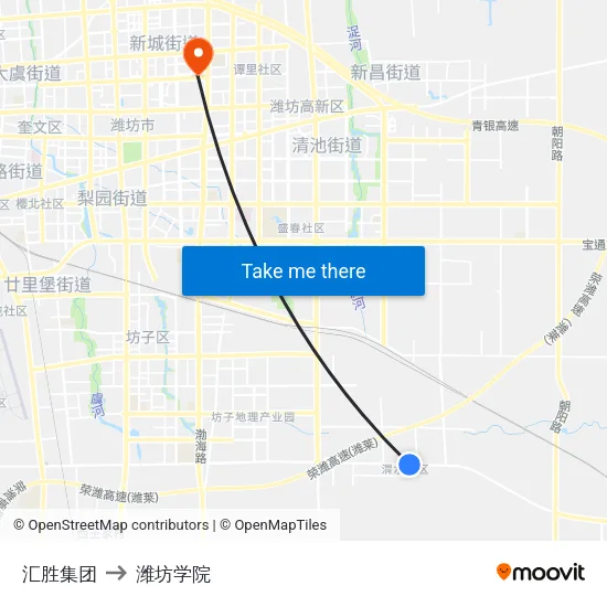 汇胜集团 to 潍坊学院 map