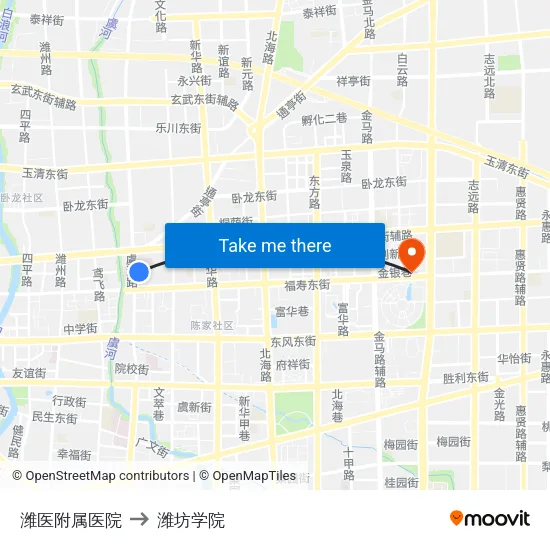 潍医附属医院 to 潍坊学院 map