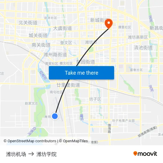 潍坊机场 to 潍坊学院 map