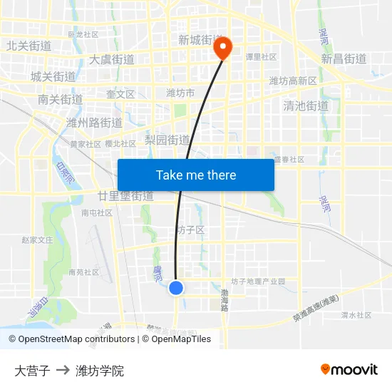 大营子 to 潍坊学院 map