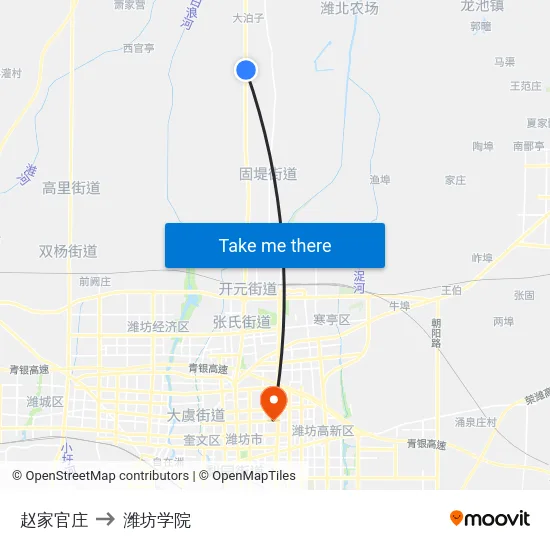 赵家官庄 to 潍坊学院 map