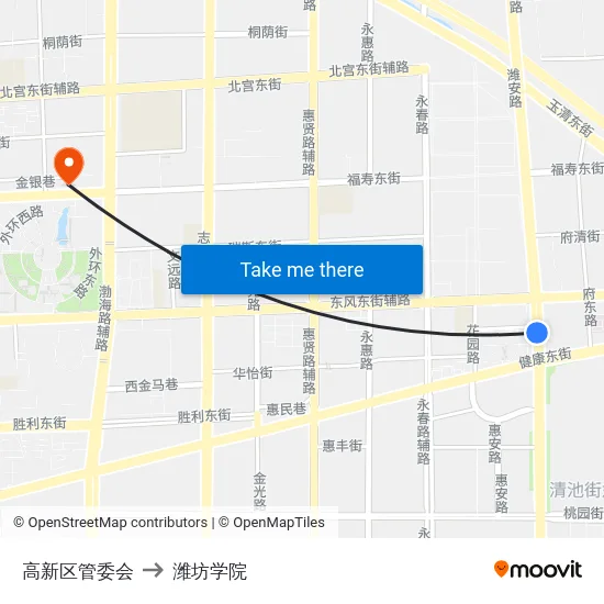 高新区管委会 to 潍坊学院 map