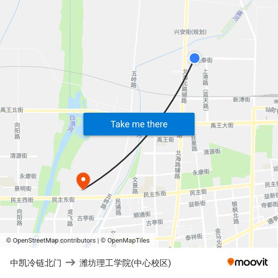 中凯冷链北门 to 潍坊理工学院(中心校区) map