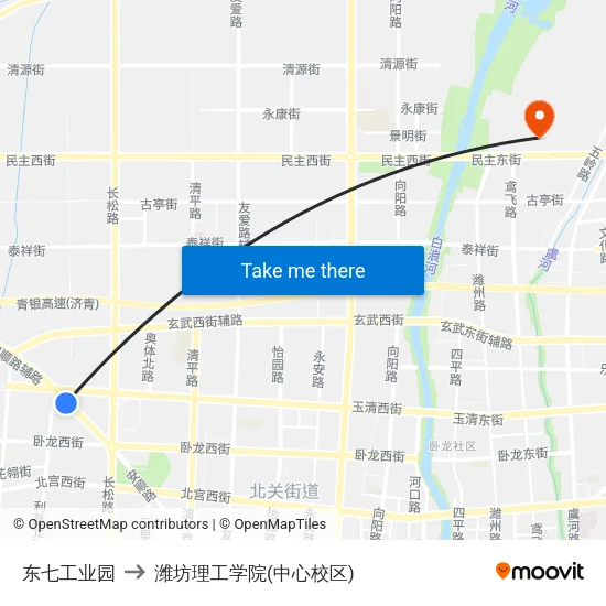 东七工业园 to 潍坊理工学院(中心校区) map