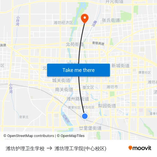 潍坊护理卫生学校 to 潍坊理工学院(中心校区) map