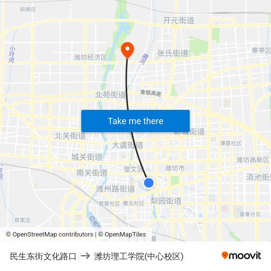 民生东街文化路口 to 潍坊理工学院(中心校区) map