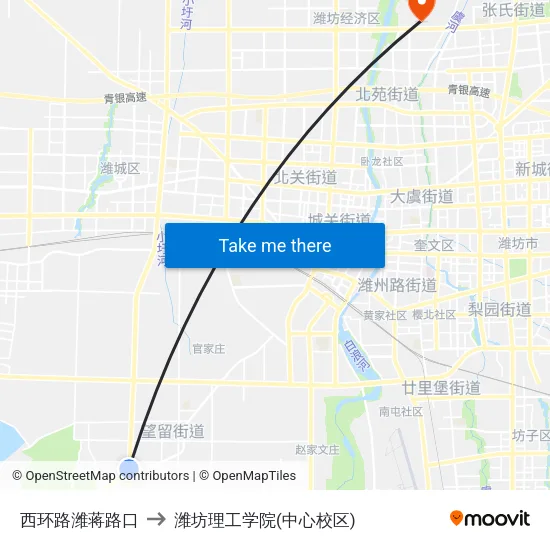 西环路潍蒋路口 to 潍坊理工学院(中心校区) map