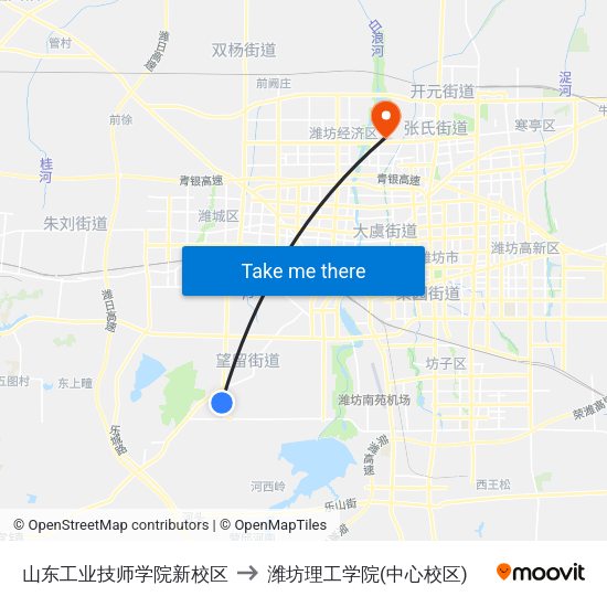 山东工业技师学院新校区 to 潍坊理工学院(中心校区) map