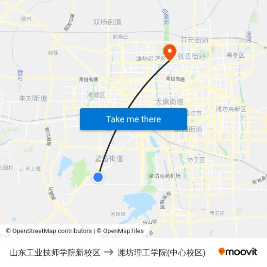 山东工业技师学院新校区 to 潍坊理工学院(中心校区) map