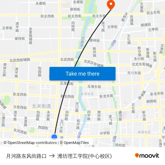 月河路东风街路口 to 潍坊理工学院(中心校区) map