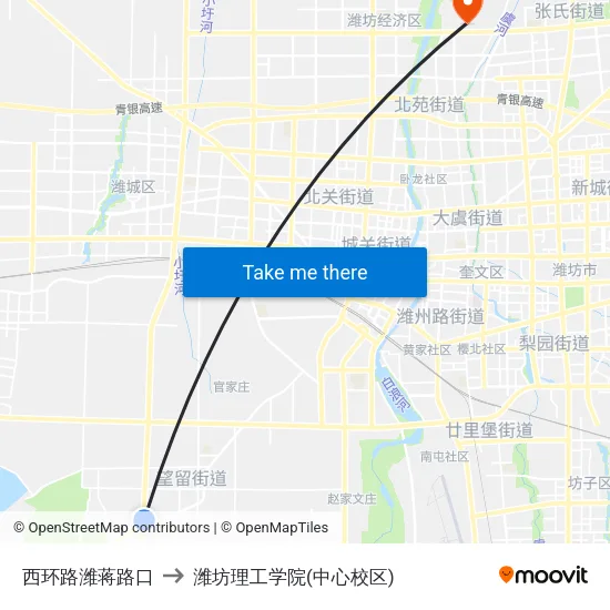 西环路潍蒋路口 to 潍坊理工学院(中心校区) map