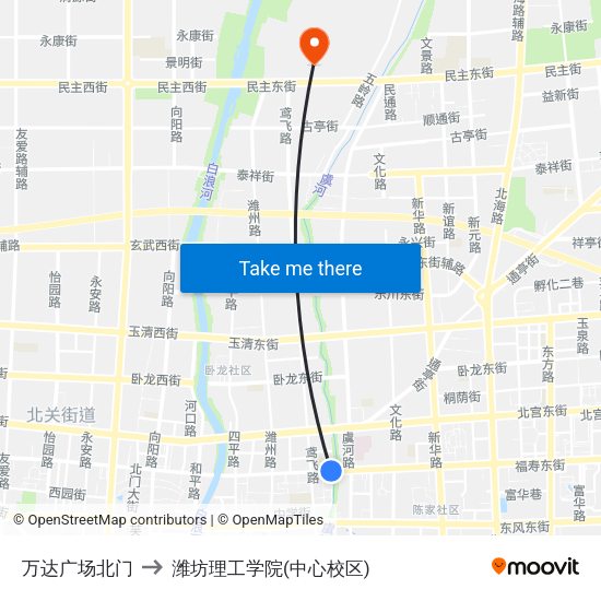 万达广场北门 to 潍坊理工学院(中心校区) map