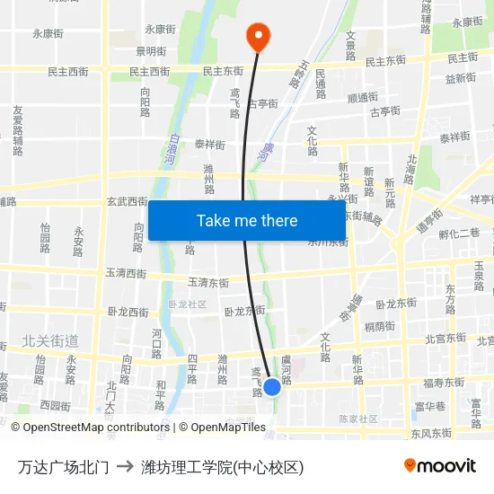 万达广场北门 to 潍坊理工学院(中心校区) map