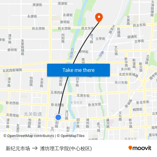 新纪元市场 to 潍坊理工学院(中心校区) map