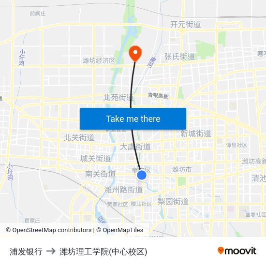 浦发银行 to 潍坊理工学院(中心校区) map
