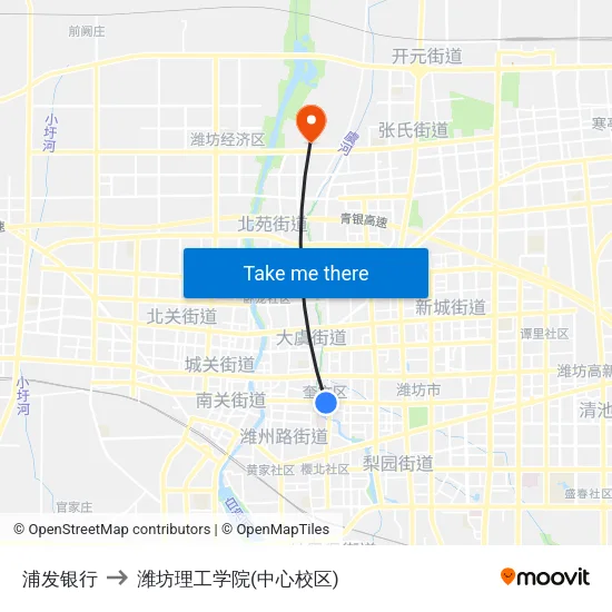 浦发银行 to 潍坊理工学院(中心校区) map
