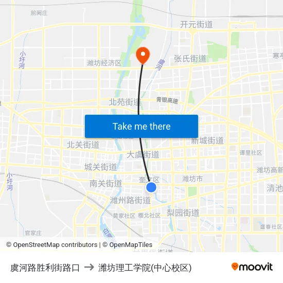 虞河路胜利街路口 to 潍坊理工学院(中心校区) map